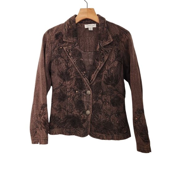COLDWATER CREEK Jacket Brown Sz 4P Petite Floral Embroidered Beaded Denim Blazer - Picture 1 of 16